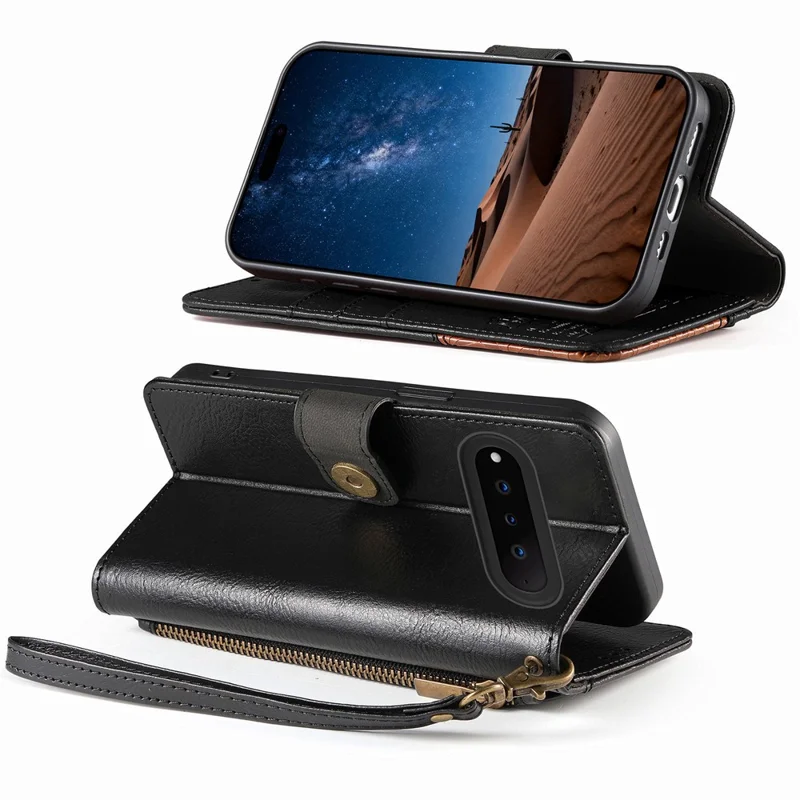 For Natural AI Phone Case Color Splicing TPI PU Leather Flip Shockproof Phone Cover with Wrist Strap - Black