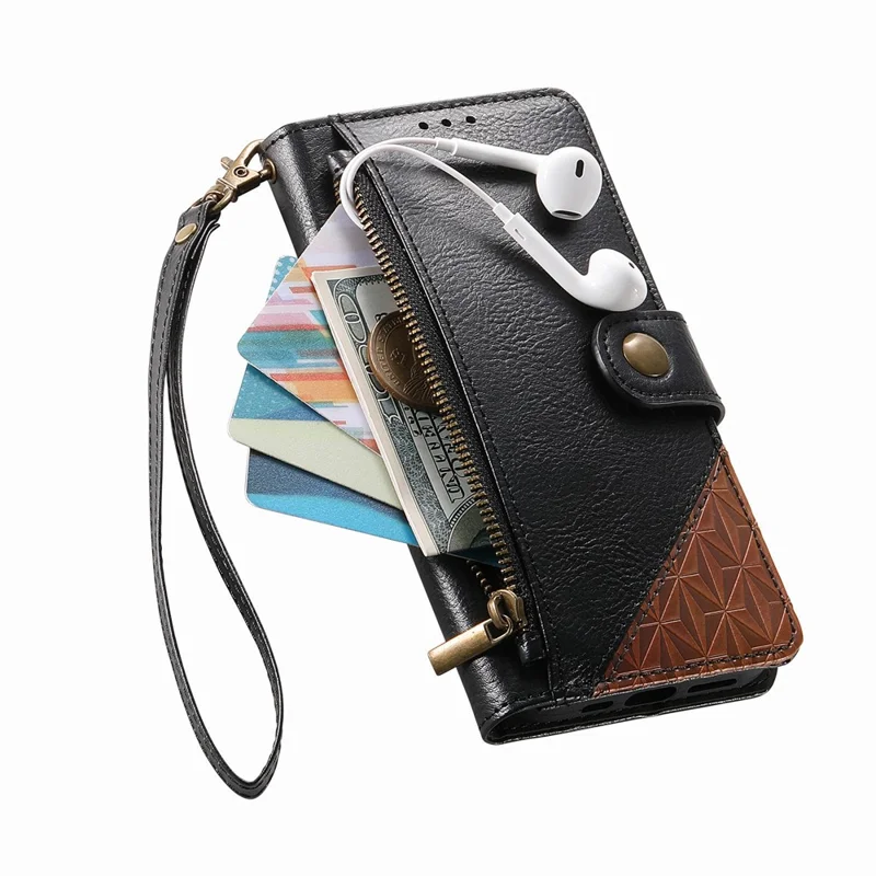 For Natural AI Phone Case Color Splicing TPI PU Leather Flip Shockproof Phone Cover with Wrist Strap - Black