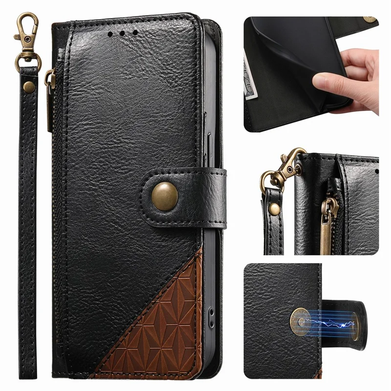 For Natural AI Phone Case Color Splicing TPI PU Leather Flip Shockproof Phone Cover with Wrist Strap - Black