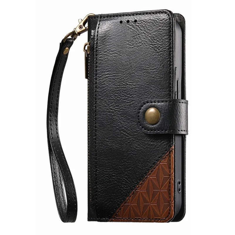 For Natural AI Phone Case Color Splicing TPI PU Leather Flip Shockproof Phone Cover with Wrist Strap - Black