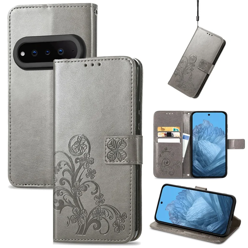 For Natural AI Phone Leather Case Four-Leaf Clover Wallet Phone Cover - Grey