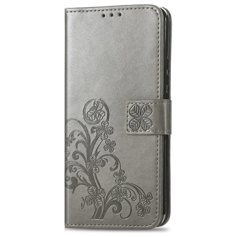 For Natural AI Phone Leather Case Four-Leaf Clover Wallet Phone Cover - Grey