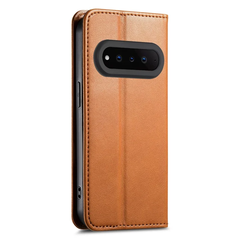For Natural AI Phone Case Wallet Tri-Color Stitching Leather Phone Cover with Elastic Wristband - Brown