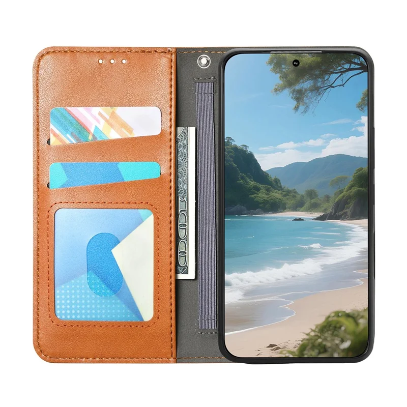 For Natural AI Phone Case Wallet Tri-Color Stitching Leather Phone Cover with Elastic Wristband - Brown