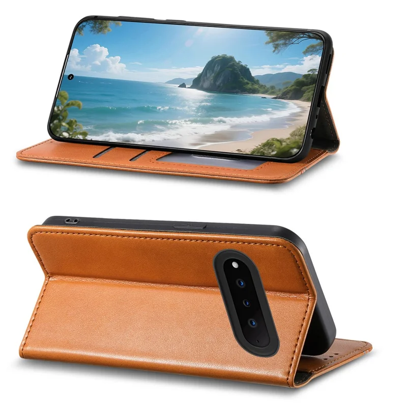 For Natural AI Phone Case Wallet Tri-Color Stitching Leather Phone Cover with Elastic Wristband - Brown