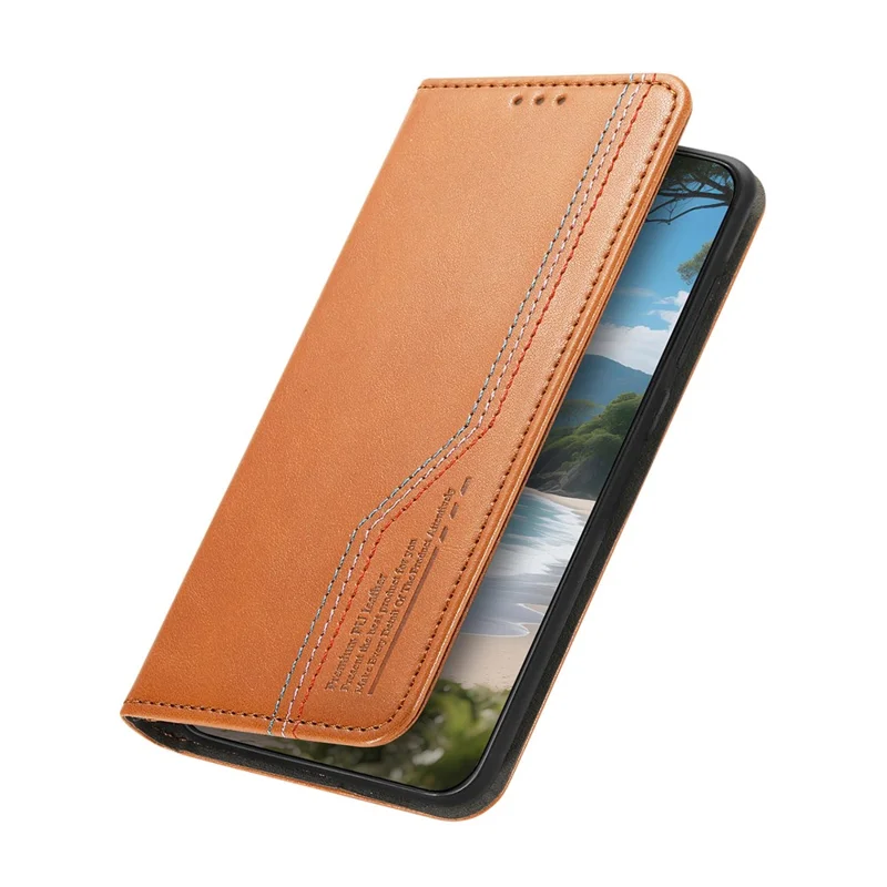 For Natural AI Phone Case Wallet Tri-Color Stitching Leather Phone Cover with Elastic Wristband - Brown