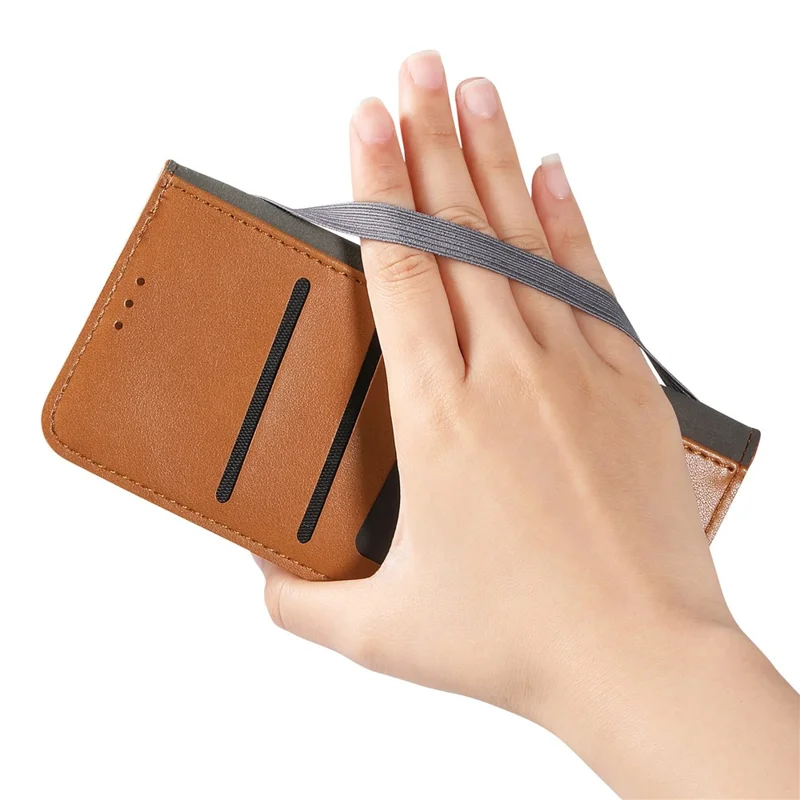 For Natural AI Phone Case Wallet Tri-Color Stitching Leather Phone Cover with Elastic Wristband - Brown
