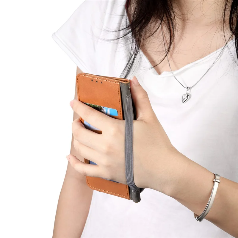 For Natural AI Phone Case Wallet Tri-Color Stitching Leather Phone Cover with Elastic Wristband - Brown
