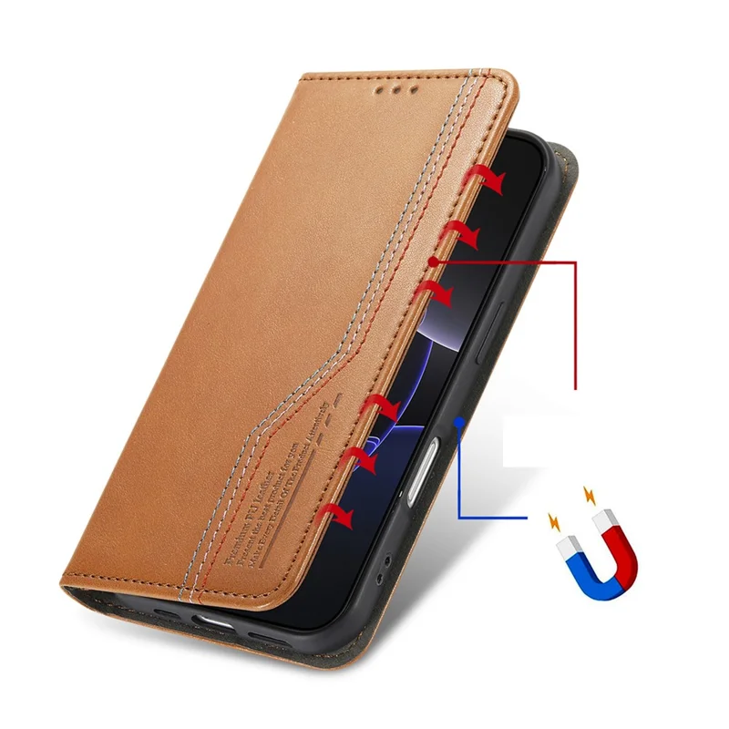 For Natural AI Phone Case Wallet Tri-Color Stitching Leather Phone Cover with Elastic Wristband - Brown