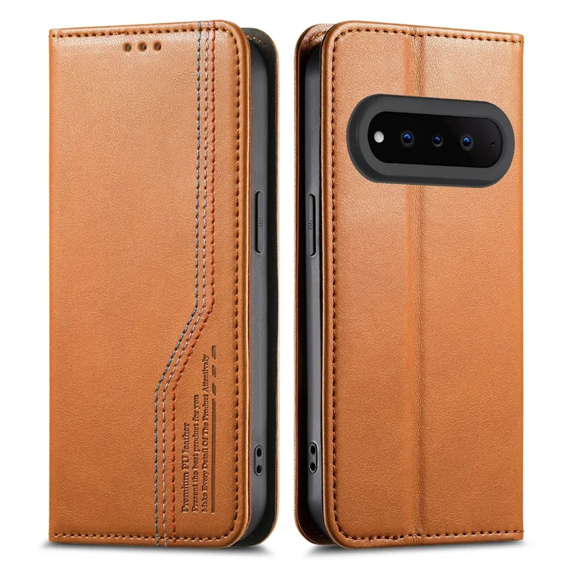 For Natural AI Phone Case Wallet Tri-Color Stitching Leather Phone Cover with Elastic Wristband - Brown