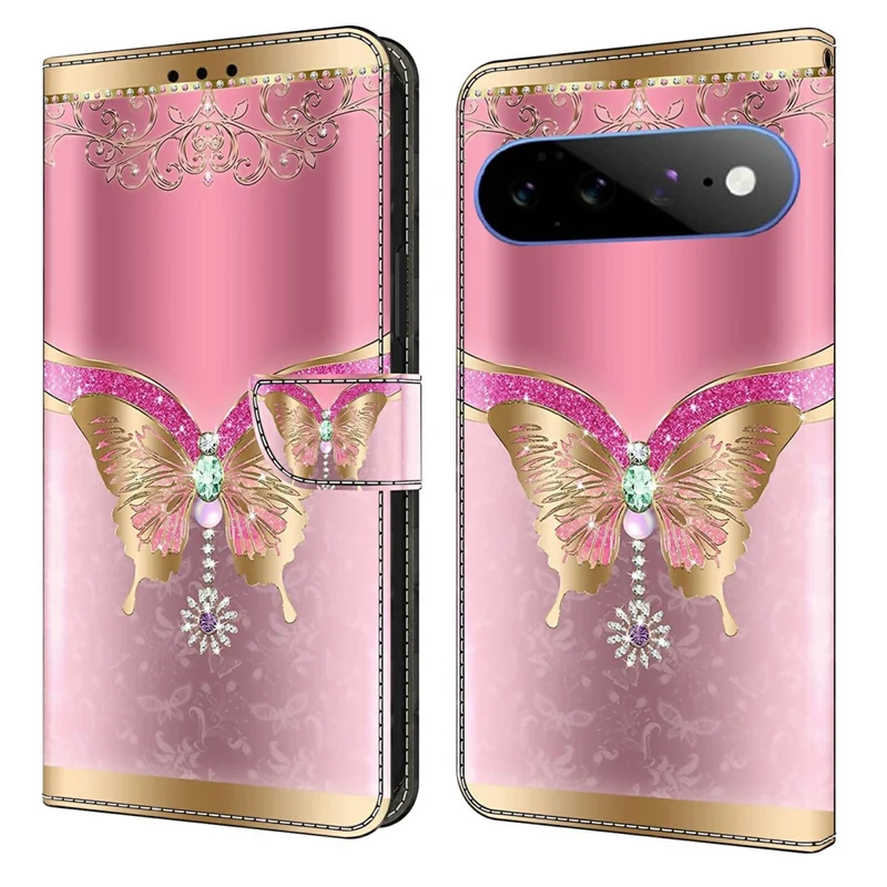 For Google Pixel 11 / Pixel 11 Pro Wallet Case 3D Pattern PU Leather Phone Cover with Stand - Pink / Gold Butterfly