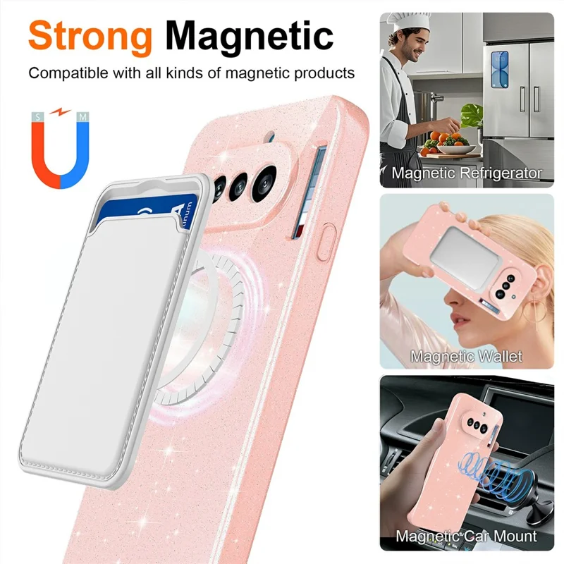 Für Nothing Phone (4a) Magnetische Hülle Glitzer TPU Stoßfeste Handyhülle mit Handschlaufe - Pink
