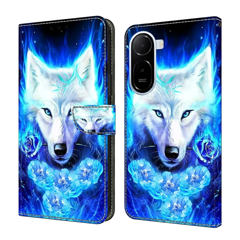 Leather Case For Xiaomi Redmi A7 Pro 4G (171.56mm) / A7 Pro 5G / Poco C85x 5G Pattern Printing Stand Flip Phone Cover - White Wolf