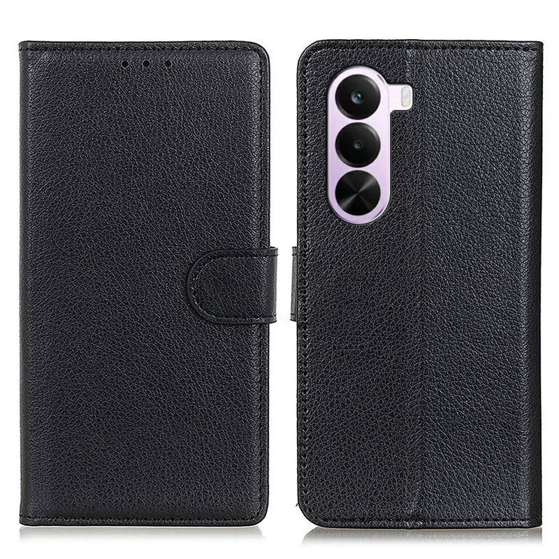For OnePlus Nord CE6 Lite 5G  /  Realme P4x 5G Wallet Case PU Leather Phone Cover Litchi Texture - Black