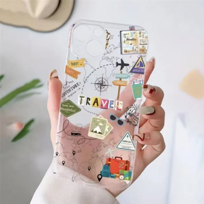 Coque pour iPhone 13 Pro, motif de carte du monde et d'avion, transparente en TPU, antichoc - Transparent