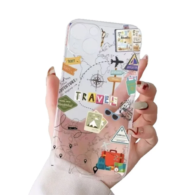 Coque pour iPhone 13 Pro, motif de carte du monde et d'avion, transparente en TPU, antichoc - Transparent