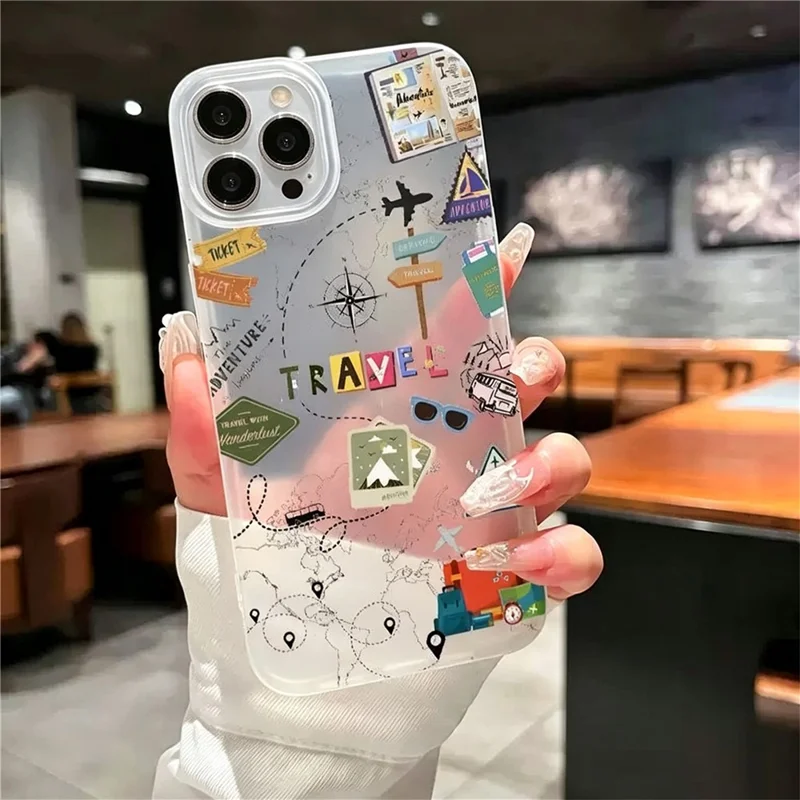 For iPhone 11 Pro Max Case Travel Map Aircraft Pattern Clear TPU Shockproof Phone Cover - Transparent