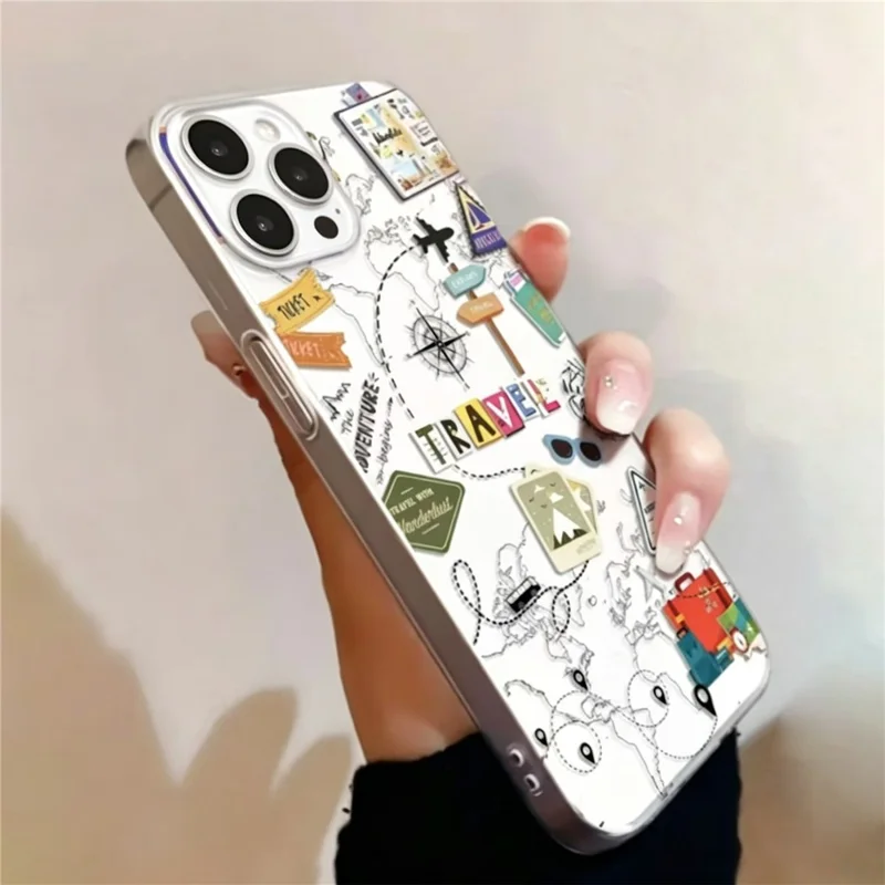Coque pour iPhone 14 Pro Max, motif carte du monde et avion, protection transparente en TPU anti-chocs - Transparent