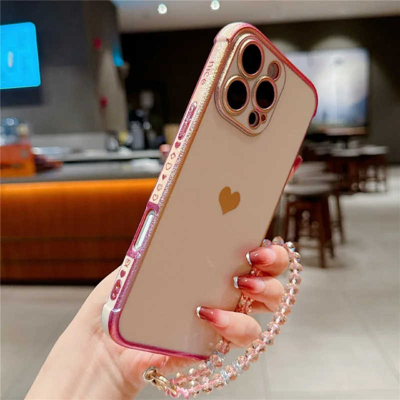 For iPhone 16 Pro Max Hoesje met Hartpatroon Iridescent Gradiënt TPU Telefoonhoesje met Kralenriem - Kleurrijk Roze