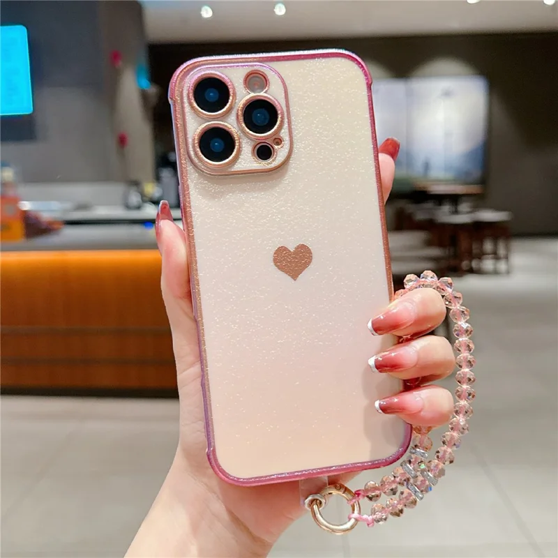 For iPhone 16 Pro Max Hoesje met Hartpatroon Iridescent Gradiënt TPU Telefoonhoesje met Kralenriem - Kleurrijk Roze