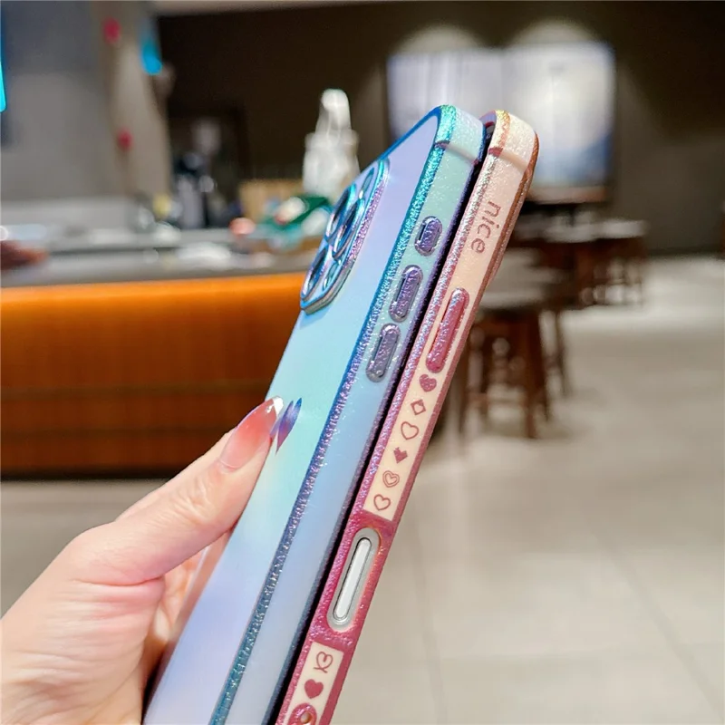 For iPhone 16 Pro Max Hoesje met Hartpatroon Iridescent Gradiënt TPU Telefoonhoesje met Kralenriem - Kleurrijk Roze
