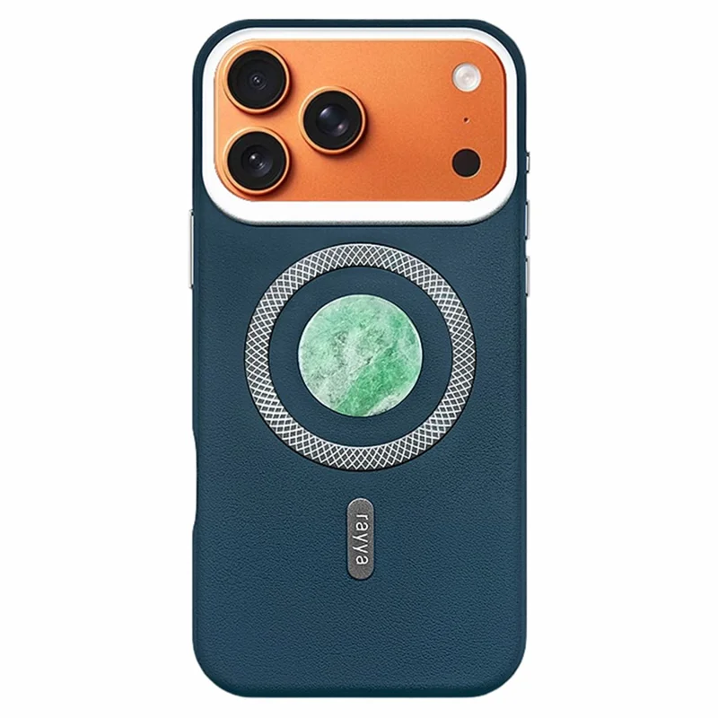 RAYYA Funda Magnética para iPhone 17 Pro con Incrustación de Jadeíta Tipo A Natural + Cuero + PC + TPU, Funda Trasera para Teléfono - Azul