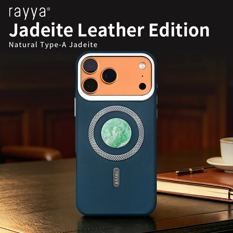 RAYYA Funda Magnética para iPhone 17 Pro con Incrustación de Jadeíta Tipo A Natural + Cuero + PC + TPU, Funda Trasera para Teléfono - Azul