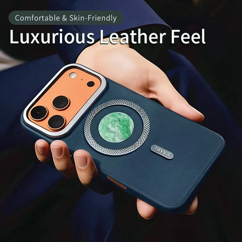 RAYYA Funda Magnética para iPhone 17 Pro con Incrustación de Jadeíta Tipo A Natural + Cuero + PC + TPU, Funda Trasera para Teléfono - Azul