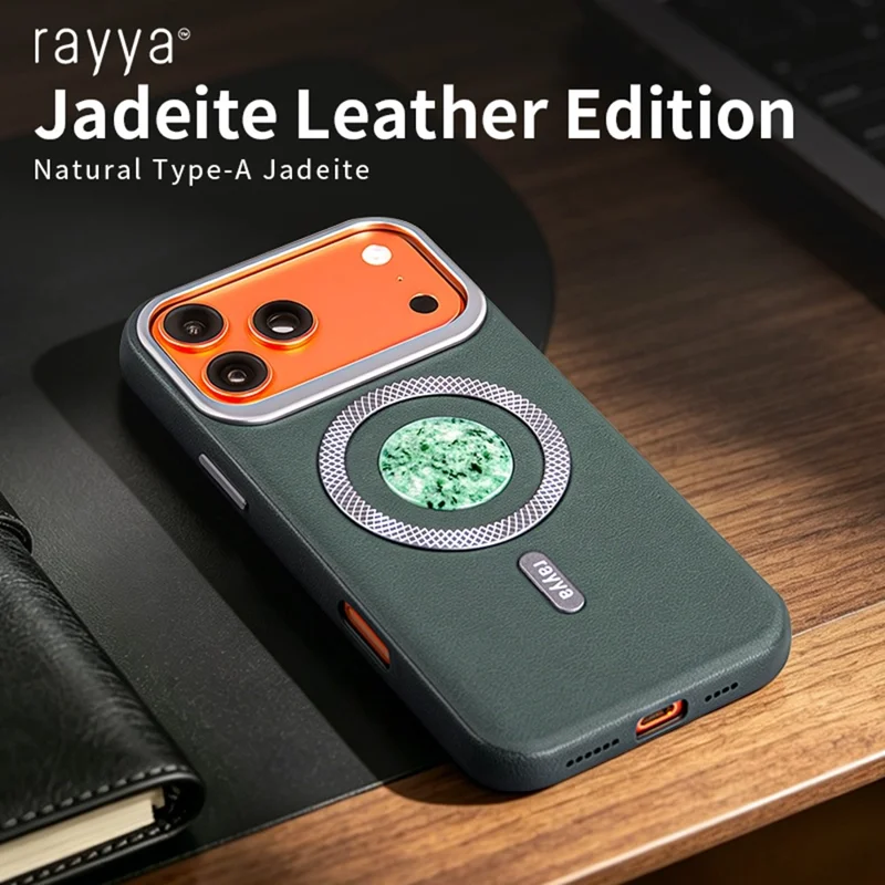 RAYYA Funda Magnética para iPhone 17 Pro con Incrustación de Jadeíta Tipo A Natural + Cuero + PC + TPU, Funda Trasera para Teléfono - Azul