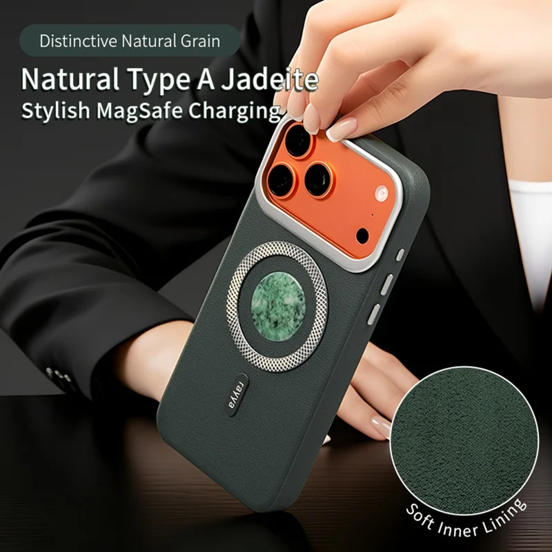 RAYYA Funda Magnética para iPhone 17 Pro con Incrustación de Jadeíta Tipo A Natural + Cuero + PC + TPU, Funda Trasera para Teléfono - Azul