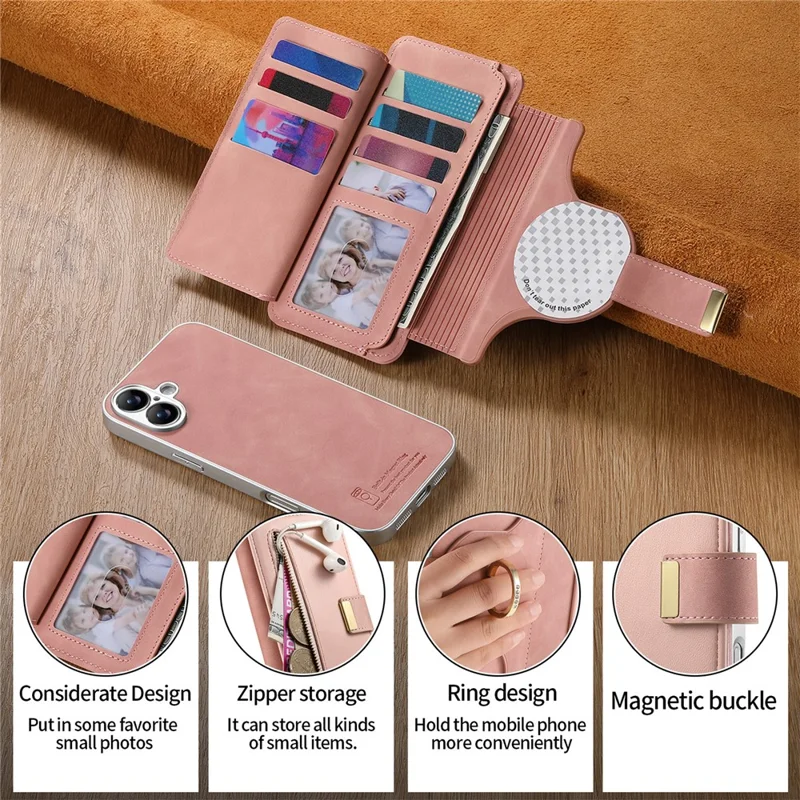For iPhone 17 Case RFID Blocking Detachable Magnetic Leather Phone Cover with Ring Holder - Pink