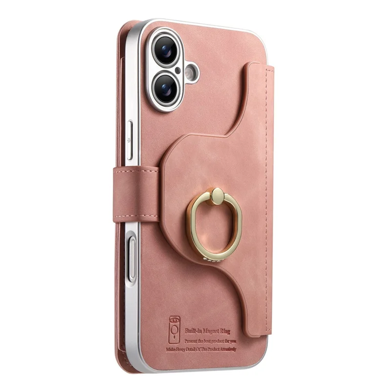 For iPhone 17 Case RFID Blocking Detachable Magnetic Leather Phone Cover with Ring Holder - Pink