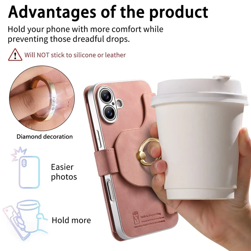 For iPhone 17 Case RFID Blocking Detachable Magnetic Leather Phone Cover with Ring Holder - Pink