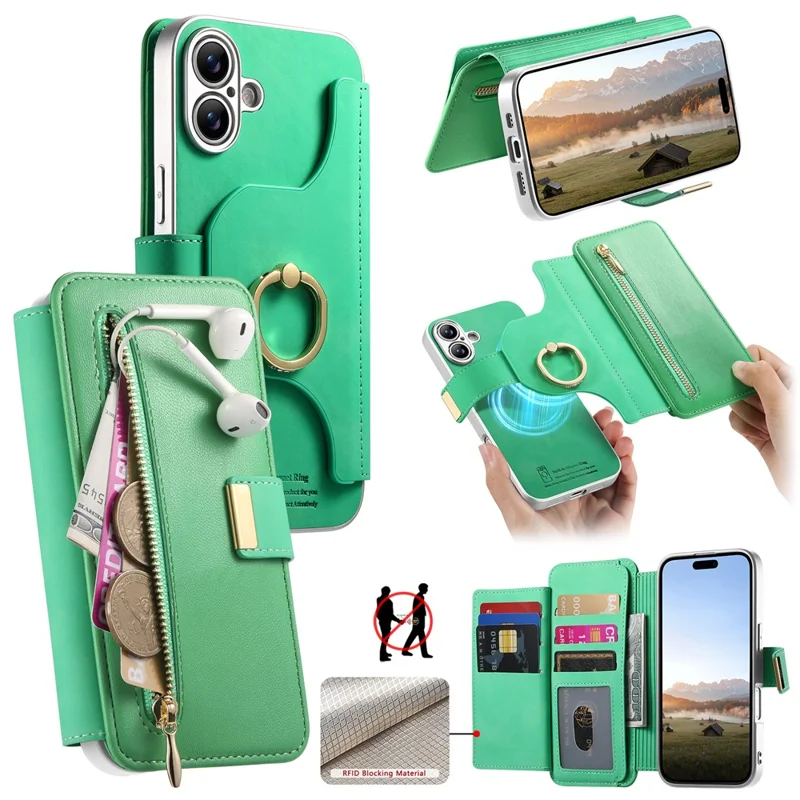 For iPhone 17 Case RFID Blocking Detachable Magnetic Leather Phone Cover with Ring Holder - Green