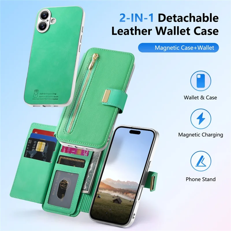 For iPhone 17 Case RFID Blocking Detachable Magnetic Leather Phone Cover with Ring Holder - Green