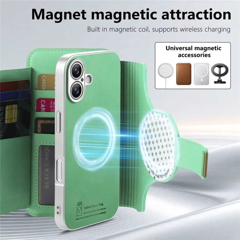For iPhone 17 Case RFID Blocking Detachable Magnetic Leather Phone Cover with Ring Holder - Green