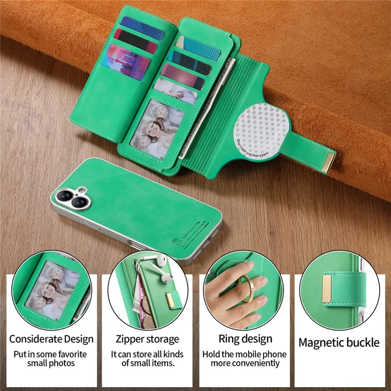For iPhone 17 Case RFID Blocking Detachable Magnetic Leather Phone Cover with Ring Holder - Green