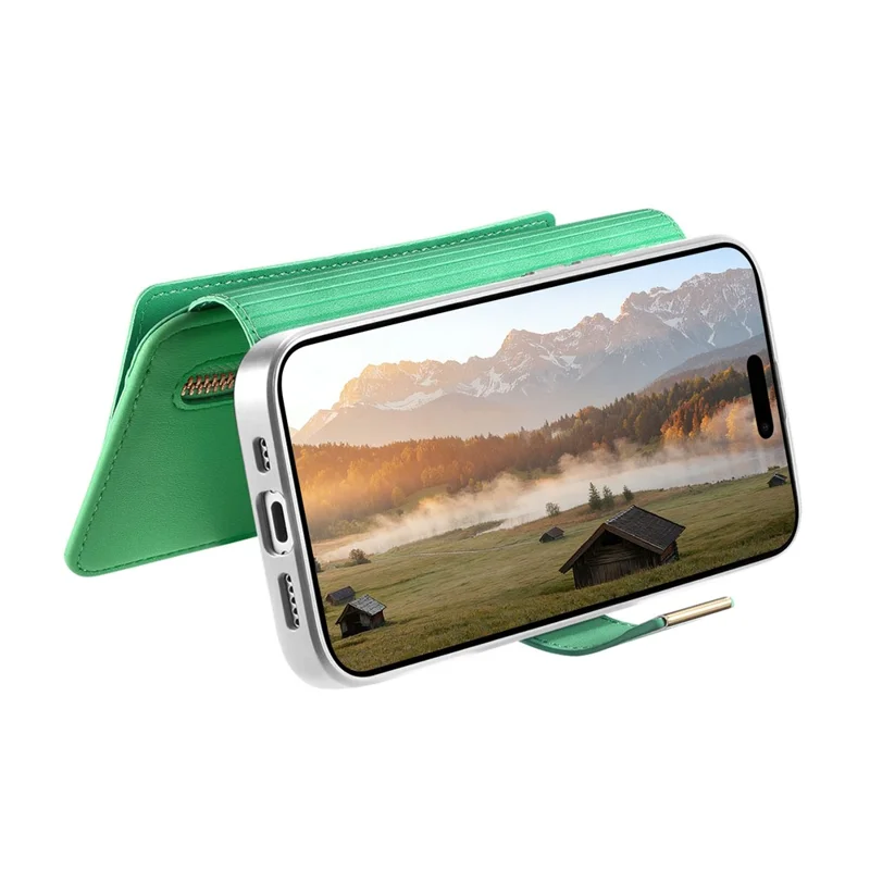 For iPhone 17 Case RFID Blocking Detachable Magnetic Leather Phone Cover with Ring Holder - Green