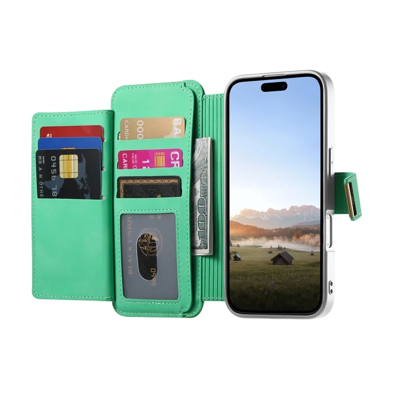 For iPhone 17 Case RFID Blocking Detachable Magnetic Leather Phone Cover with Ring Holder - Green