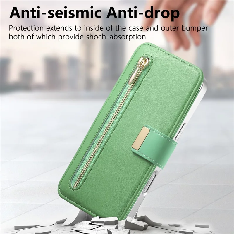 For iPhone 17 Case RFID Blocking Detachable Magnetic Leather Phone Cover with Ring Holder - Green