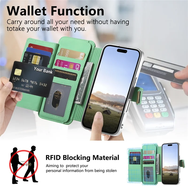 For iPhone 17 Case RFID Blocking Detachable Magnetic Leather Phone Cover with Ring Holder - Green