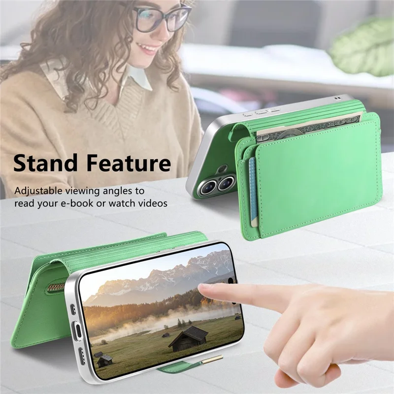 For iPhone 17 Case RFID Blocking Detachable Magnetic Leather Phone Cover with Ring Holder - Green
