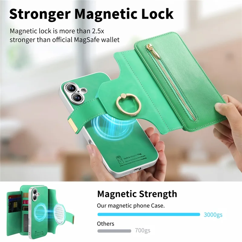 For iPhone 17 Case RFID Blocking Detachable Magnetic Leather Phone Cover with Ring Holder - Green