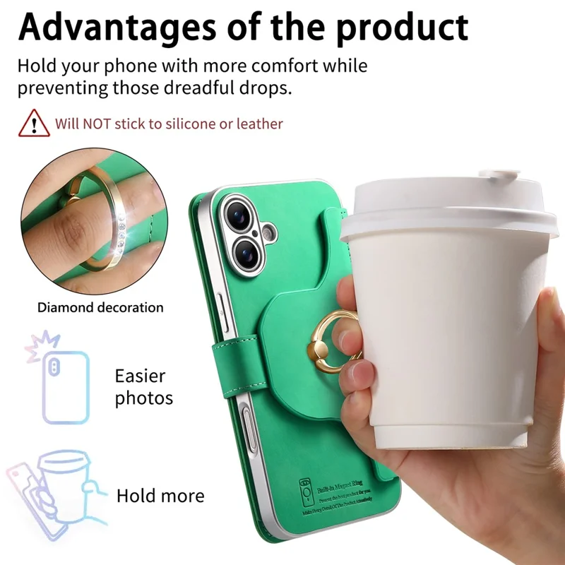 For iPhone 17 Case RFID Blocking Detachable Magnetic Leather Phone Cover with Ring Holder - Green
