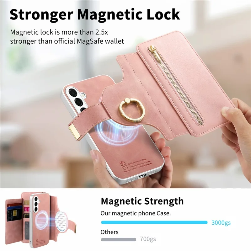 Für Samsung Galaxy S26+ Hülle RFID-Schutz Abnehmbare Magnetische Ledertasche Mit Ringhalter - Rosa