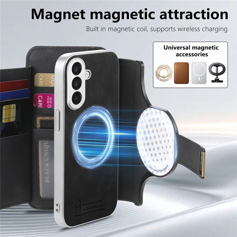 Für Samsung Galaxy A17 4G / A17 5G Hülle RFID-Schutz Abnehmbare Magnetische Ledertelefonhülle mit Ringhalter – Schwarz