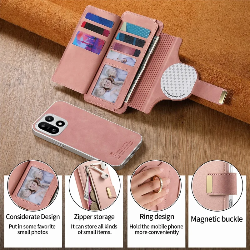 Voor OnePlus 15 5G-hoesje RFID-blokkering Afneembaar magnetisch lederen telefoonhoesje met ringhouder - Roze