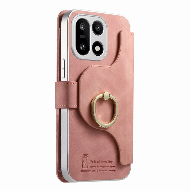 Voor OnePlus 15 5G-hoesje RFID-blokkering Afneembaar magnetisch lederen telefoonhoesje met ringhouder - Roze