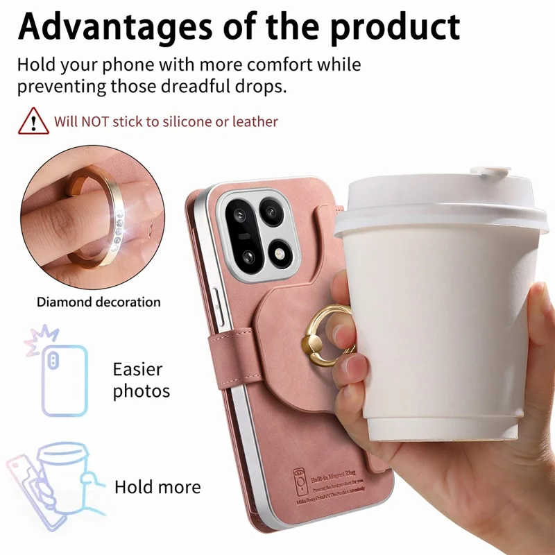 Voor OnePlus 15 5G-hoesje RFID-blokkering Afneembaar magnetisch lederen telefoonhoesje met ringhouder - Roze