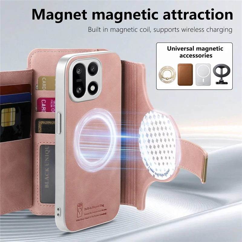 Voor OnePlus 15 5G-hoesje RFID-blokkering Afneembaar magnetisch lederen telefoonhoesje met ringhouder - Roze